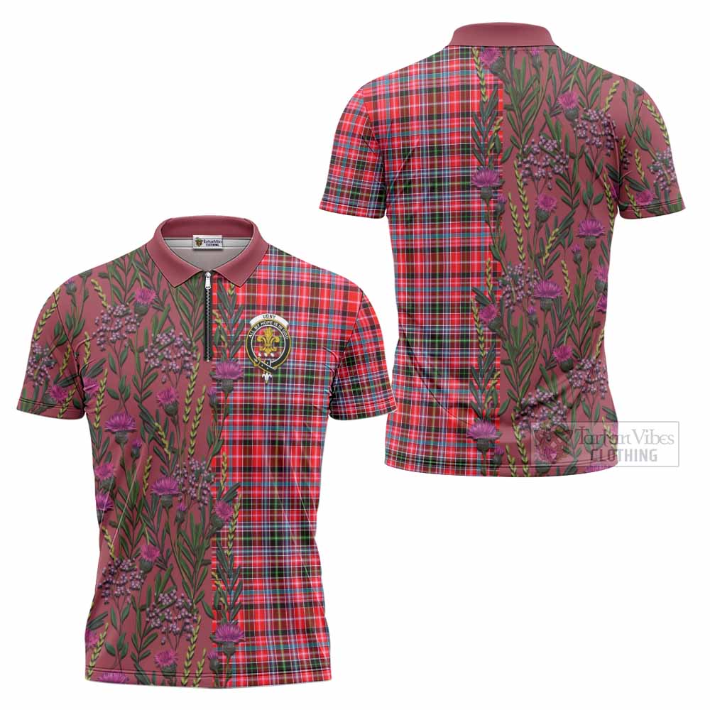 Udny Family Crest Tartan Zipper Polo Shirt Scottish Thistle Flower Pattern Half Style - Tartan Vibes Clothing