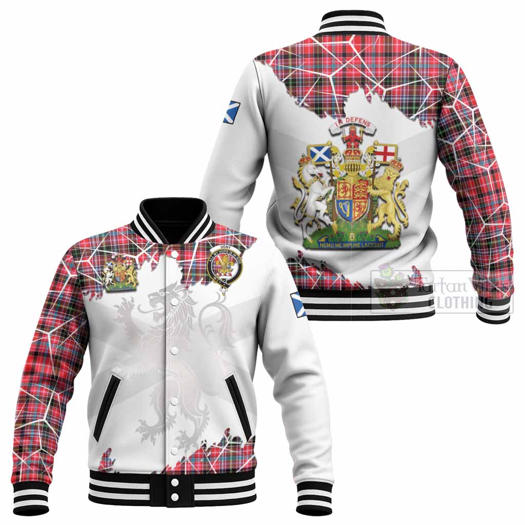 Udny Tartan Baseball Jacket with Family Crest and Lion Rampant Grunge Style