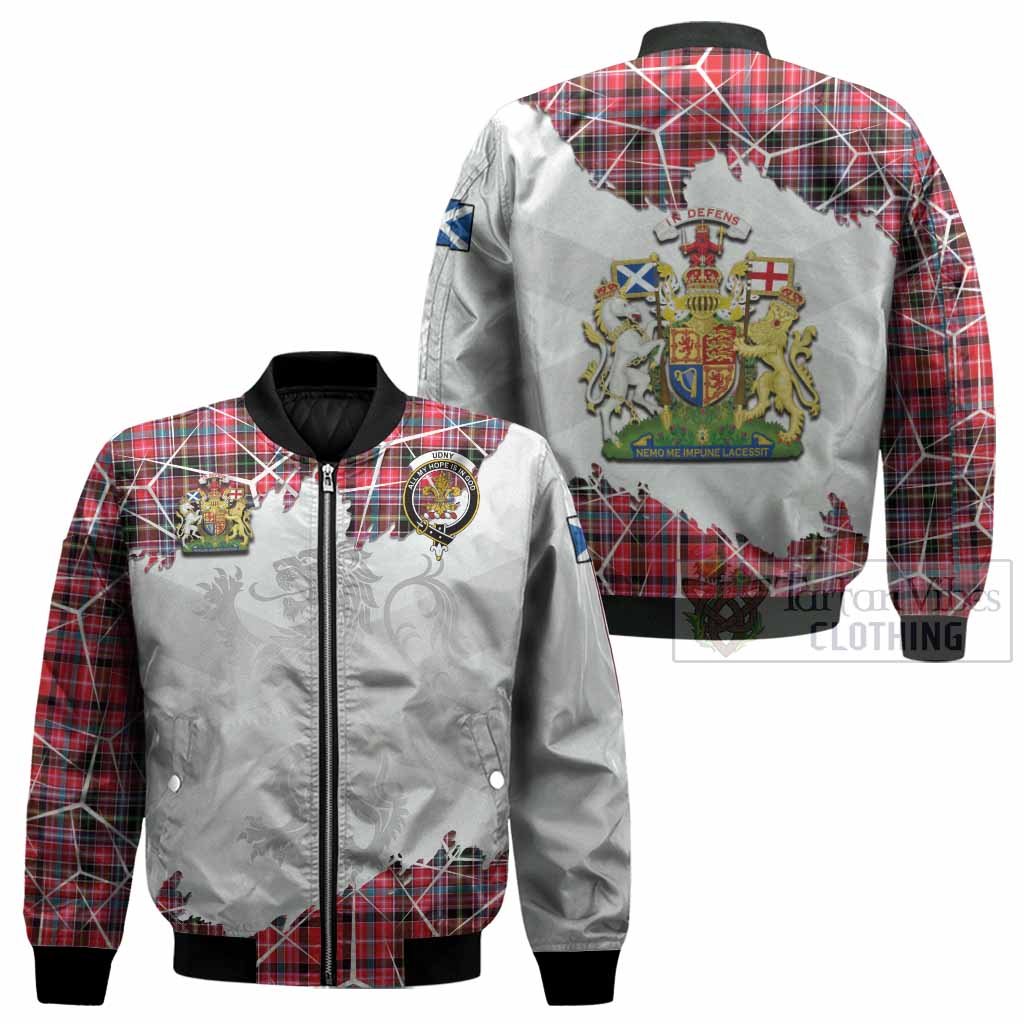 Udny Tartan Bomber Jacket with Family Crest and Lion Rampant Grunge Style