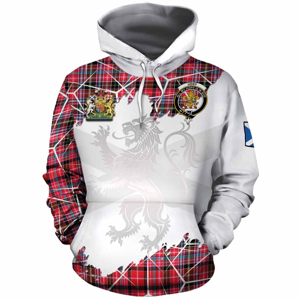 Udny Tartan Cotton Hoodie with Family Crest and Lion Rampant Grunge Style