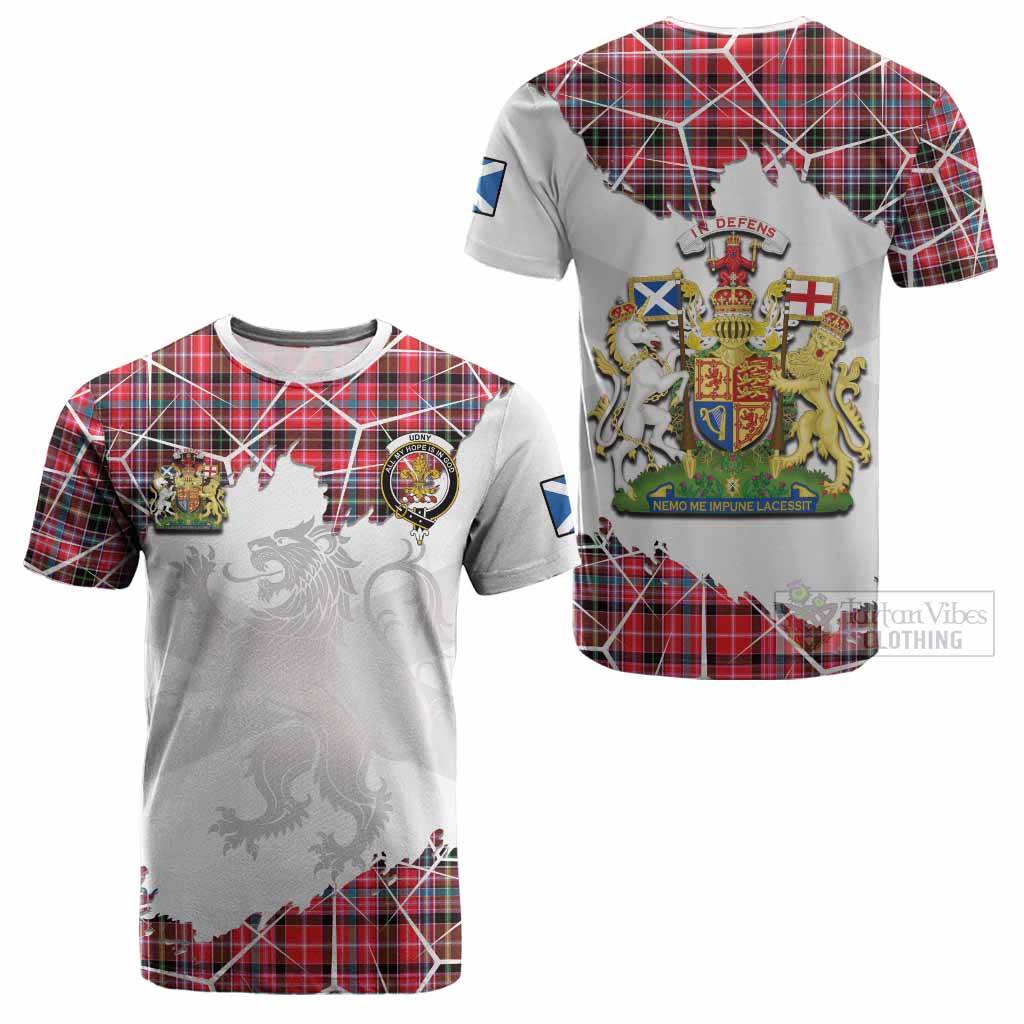 Udny Tartan Cotton T-shirt with Family Crest and Lion Rampant Grunge Style