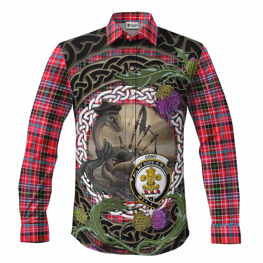 Udny Tartan Crest Bagpipe Nessie Long Sleeve Button Shirts Scottish Loch Ness Monster Celtic Thistle