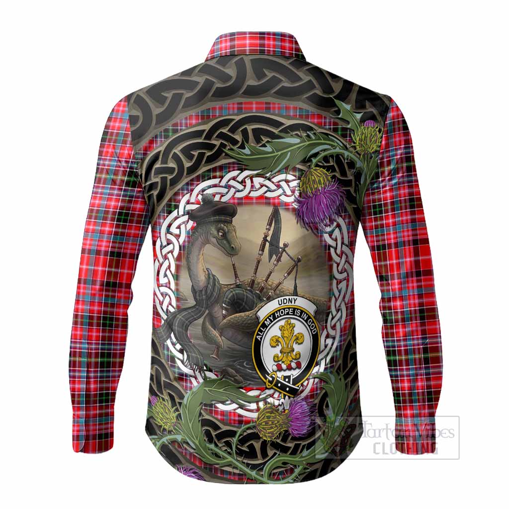 Udny Tartan Crest Bagpipe Nessie Long Sleeve Button Shirts Scottish Loch Ness Monster Celtic Thistle