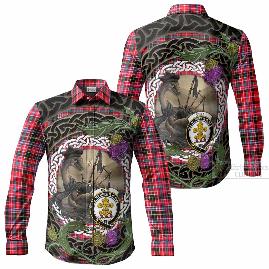 Udny Tartan Crest Bagpipe Nessie Long Sleeve Button Shirts Scottish Loch Ness Monster Celtic Thistle