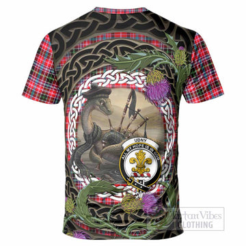 Udny Tartan Crest Bagpipe Nessie T-Shirt Scottish Loch Ness Monster Celtic Thistle