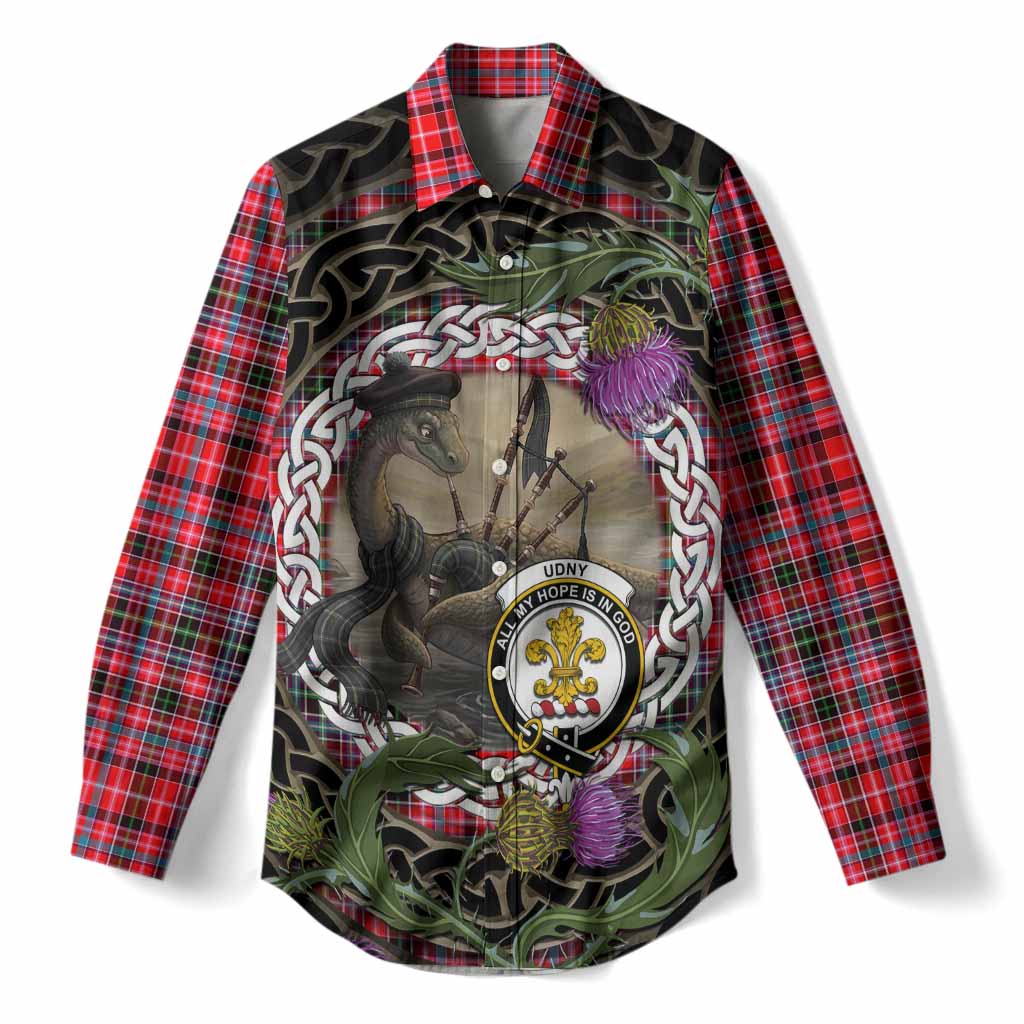 Udny Tartan Crest Bagpipe Nessie Women Casual Shirt Scottish Loch Ness Monster Celtic Thistle