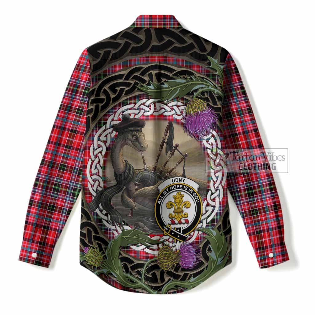 Udny Tartan Crest Bagpipe Nessie Women Casual Shirt Scottish Loch Ness Monster Celtic Thistle
