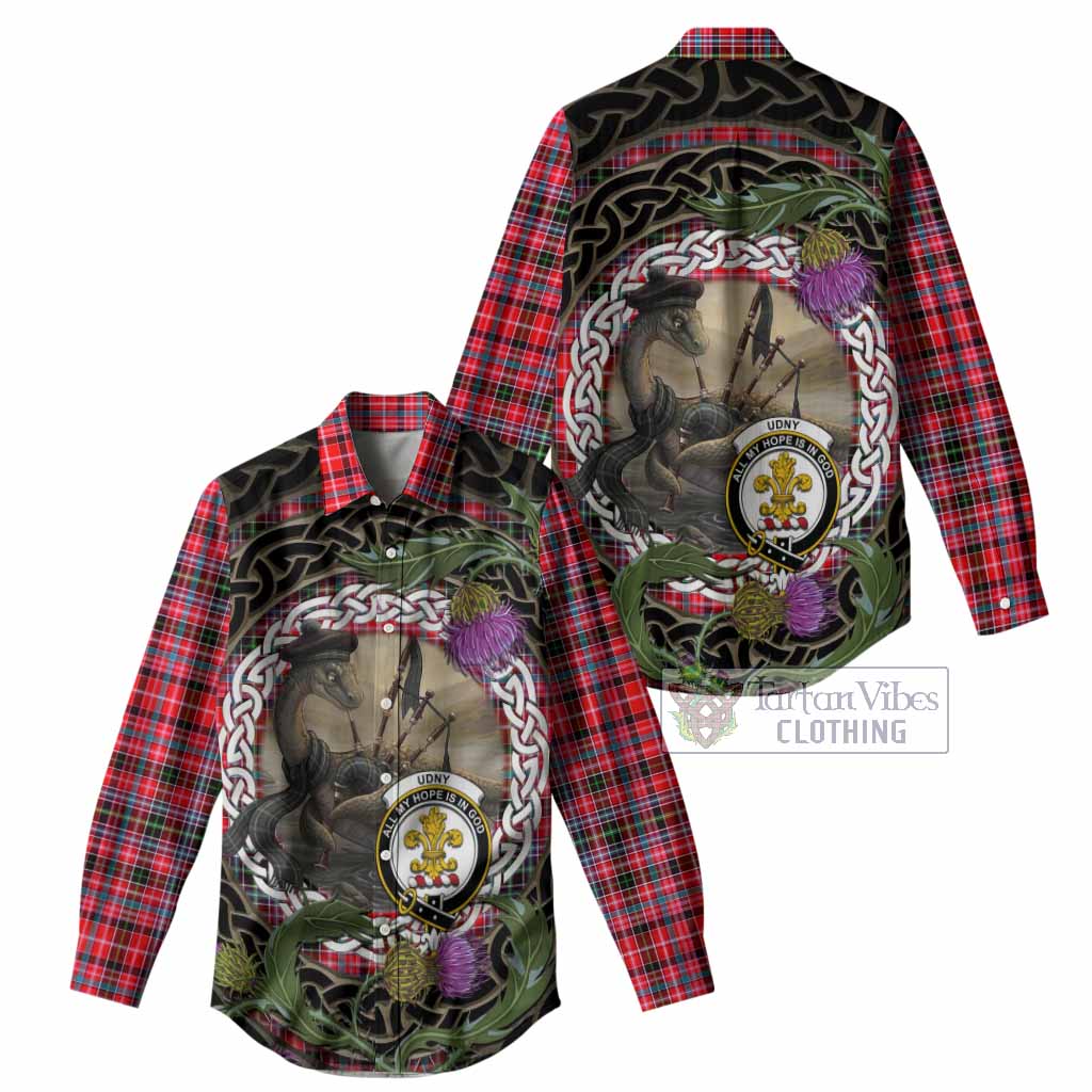 Udny Tartan Crest Bagpipe Nessie Women Casual Shirt Scottish Loch Ness Monster Celtic Thistle