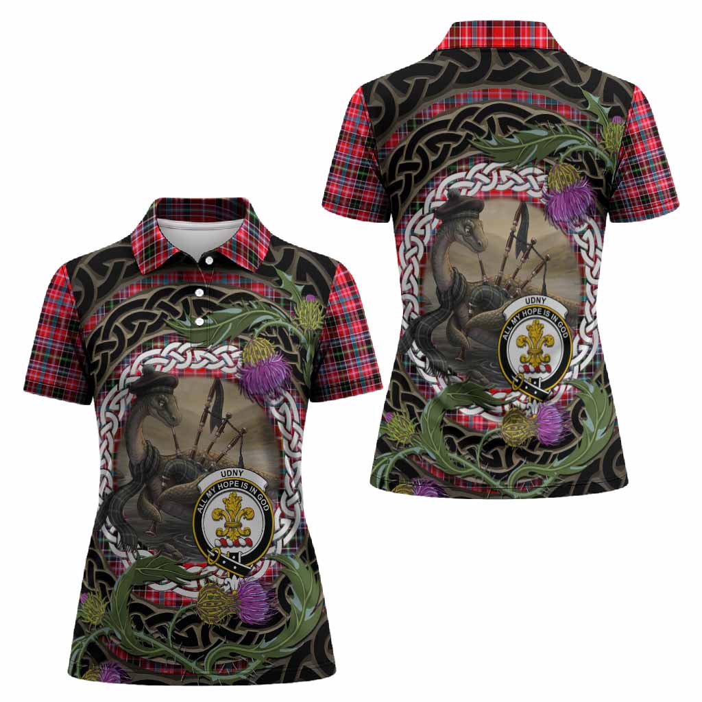 Udny Tartan Crest Bagpipe Nessie Women Polo Shirt Scottish Loch Ness Monster Celtic Thistle