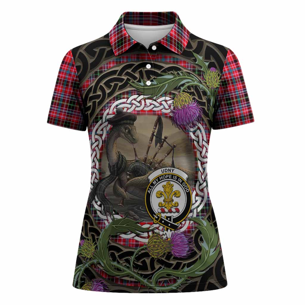 Udny Tartan Crest Bagpipe Nessie Women Polo Shirt Scottish Loch Ness Monster Celtic Thistle