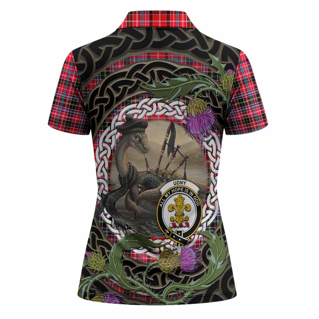 Udny Tartan Crest Bagpipe Nessie Women Polo Shirt Scottish Loch Ness Monster Celtic Thistle