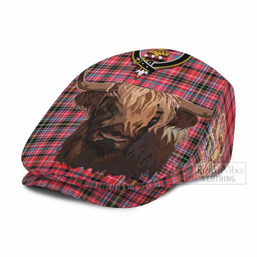 Udny Tartan Crest Flat Cap, Jeff Cap Scotland Heilan Coo Tartan Seamless Style