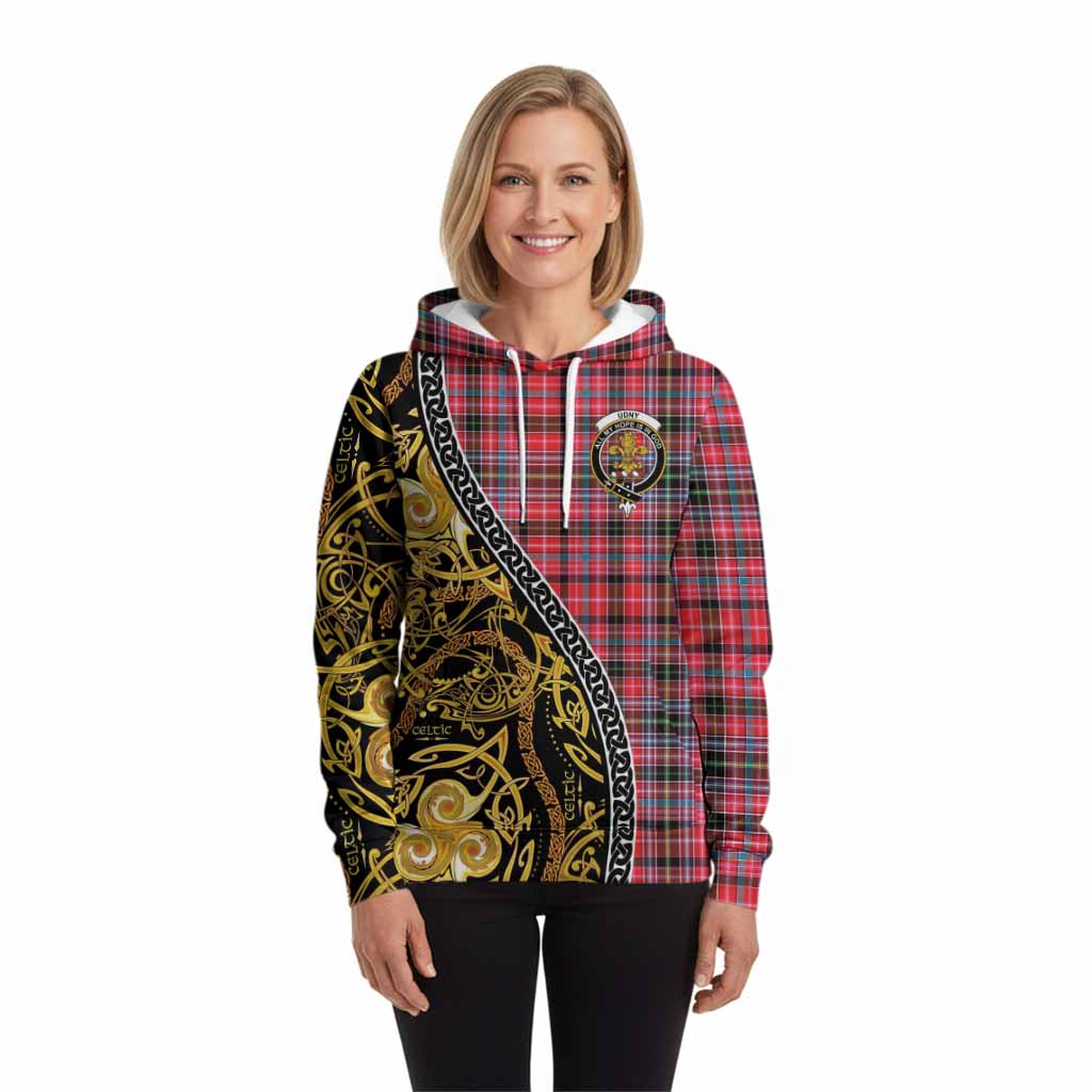 Udny Tartan Crest Hoodie Celtic Knot and Triple Trickle Spiral Symbols