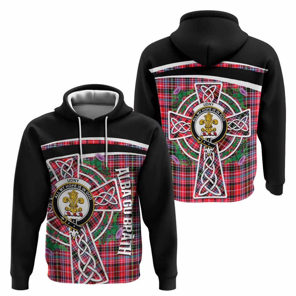 Udny Tartan Crest Hoodie Scottish Thistle Celtic Cross Alba Gu Brath