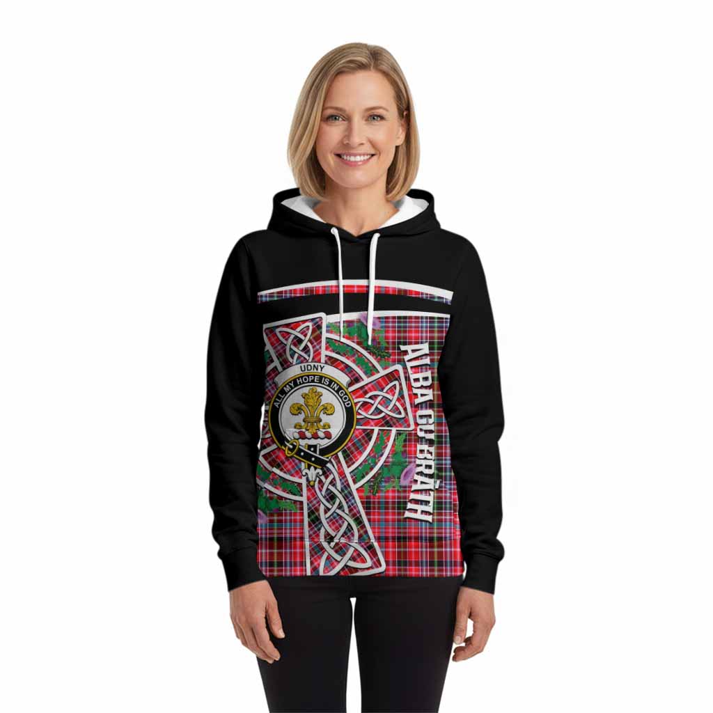 Udny Tartan Crest Hoodie Scottish Thistle Celtic Cross Alba Gu Brath
