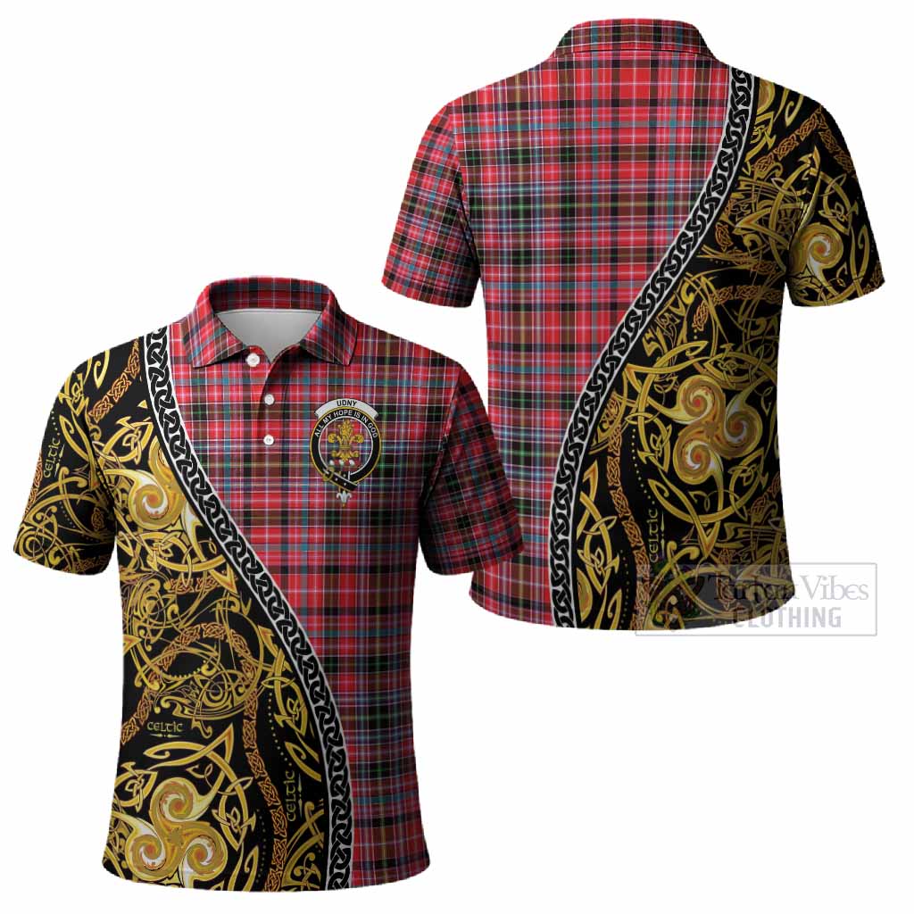 Udny Tartan Crest Polo Shirt Celtic Knot and Triple Trickle Spiral Symbols