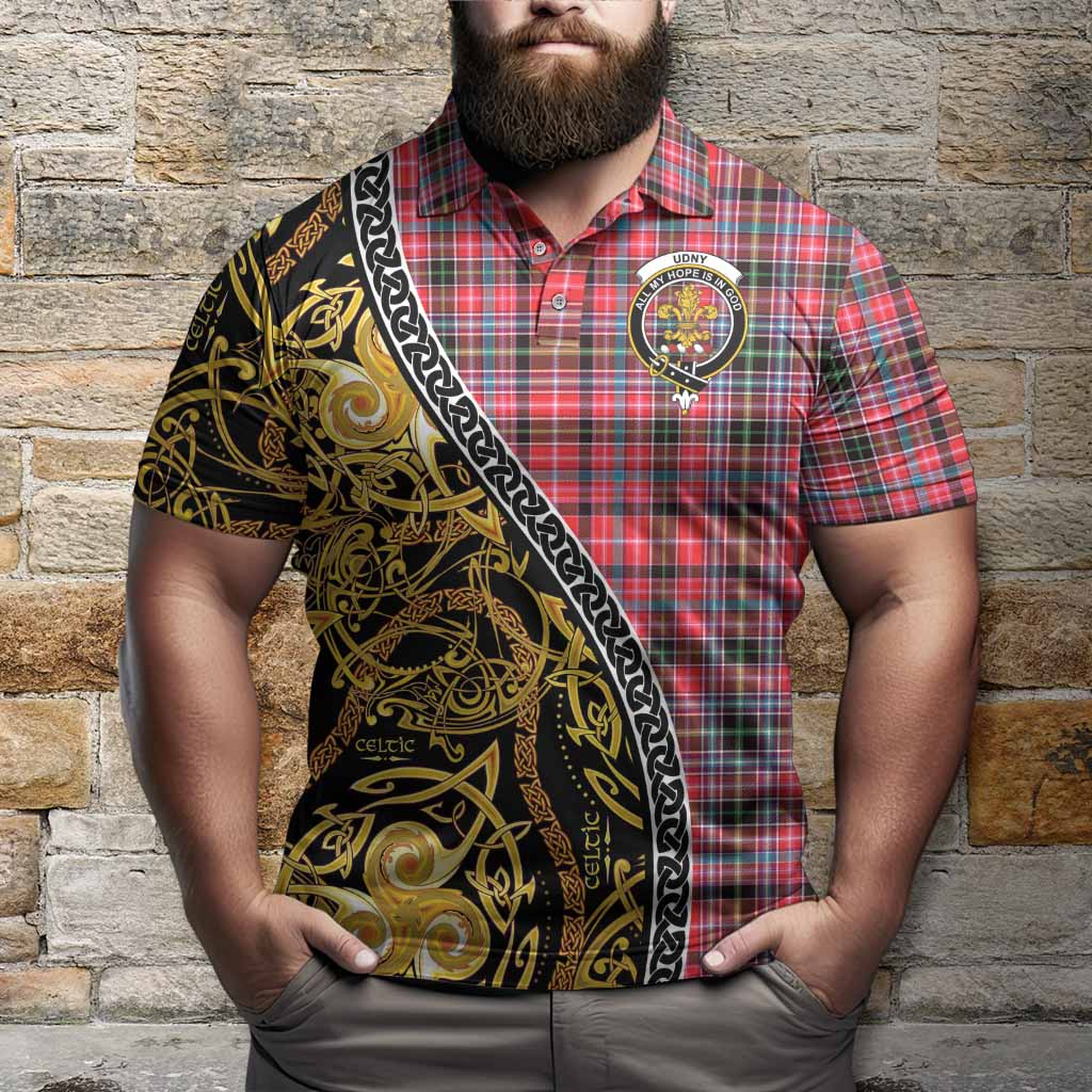 Udny Tartan Crest Polo Shirt Celtic Knot and Triple Trickle Spiral Symbols