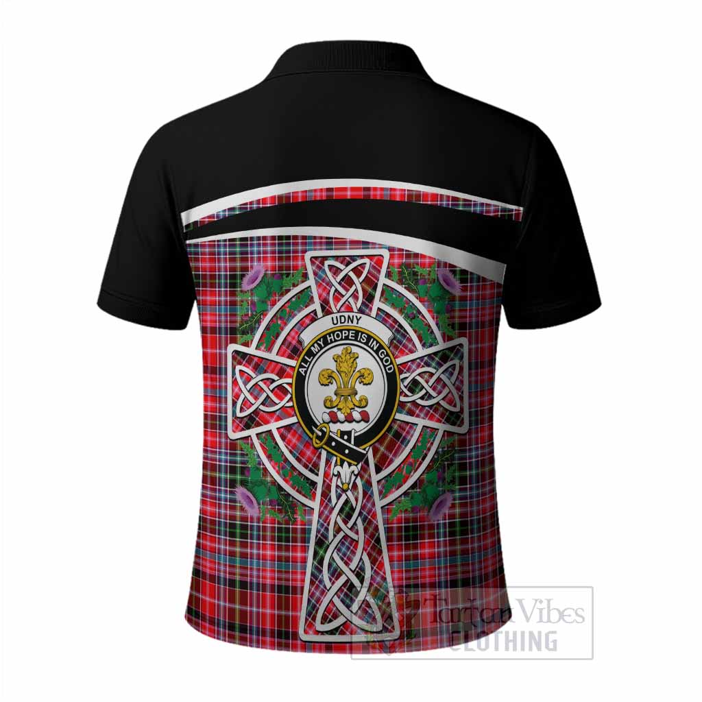 Udny Tartan Crest Polo Shirt Scottish Thistle Celtic Cross Alba Gu Brath