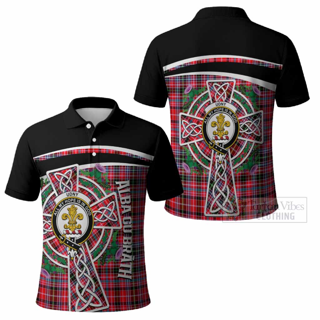 Udny Tartan Crest Polo Shirt Scottish Thistle Celtic Cross Alba Gu Brath