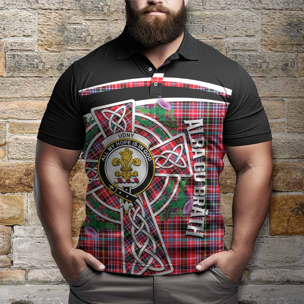 Udny Tartan Crest Polo Shirt Scottish Thistle Celtic Cross Alba Gu Brath