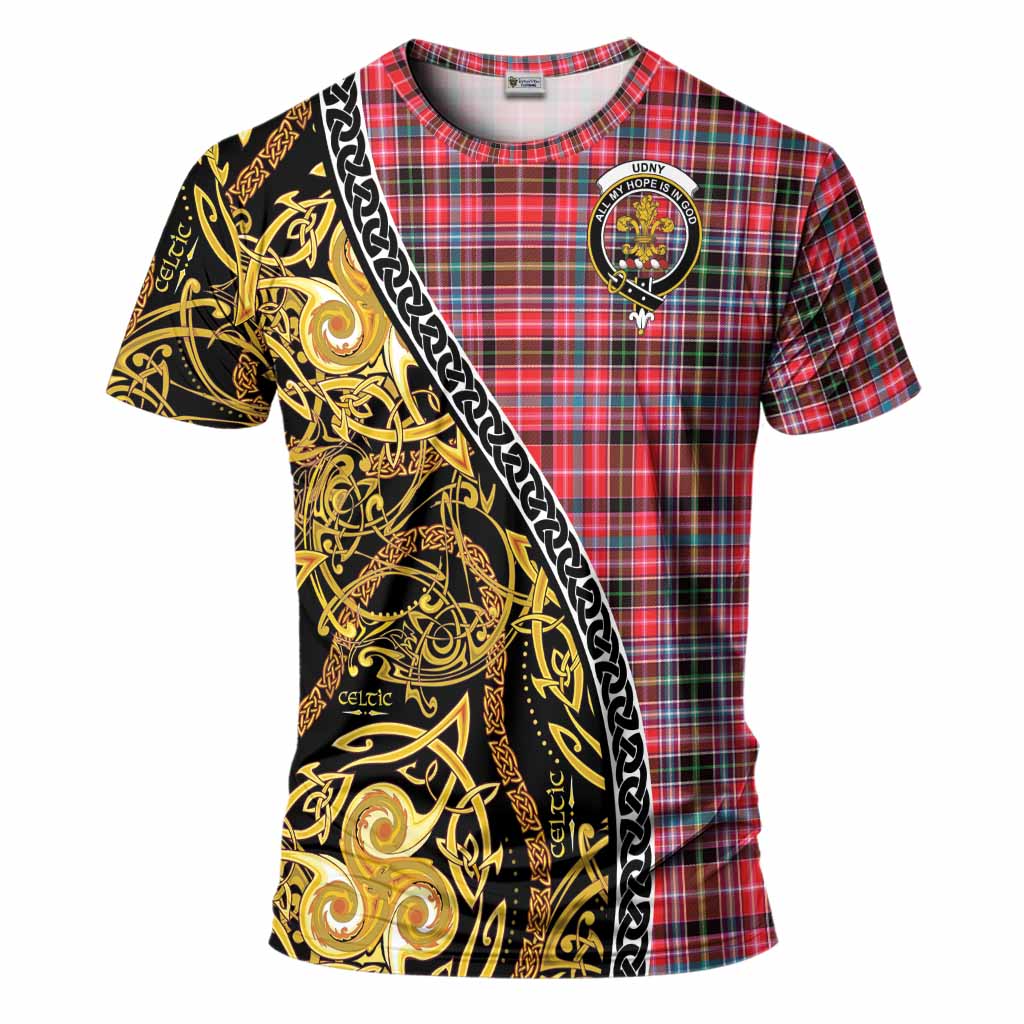 Udny Tartan Crest T-Shirt Celtic Knot and Triple Trickle Spiral Symbols