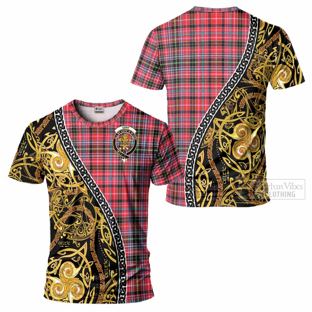 Udny Tartan Crest T-Shirt Celtic Knot and Triple Trickle Spiral Symbols