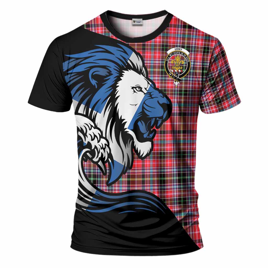 Udny Tartan Crest T-Shirt Scottish Golden Lions Wave Flow