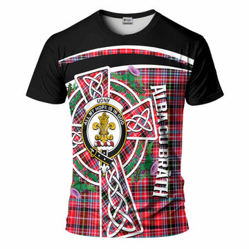 Udny Tartan Crest T-Shirt Scottish Thistle Celtic Cross Alba Gu Brath