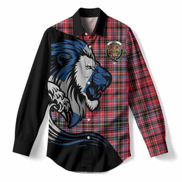 Udny Tartan Crest Women Casual Shirt Scottish Golden Lions Wave Flow