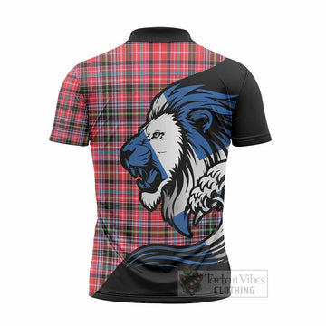 Udny Tartan Crest Zipper Polo Shirt Scottish Golden Lions Wave Flow