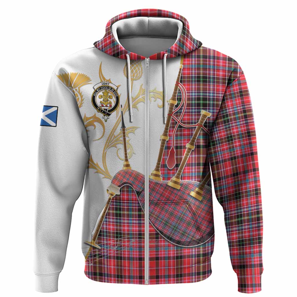 Udny Tartan Family Crest Hoodie Bagpipes with Scottish Thistle
