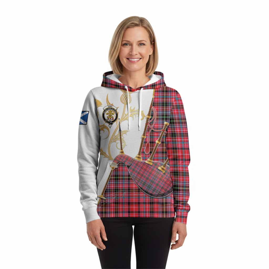Udny Tartan Family Crest Hoodie Bagpipes with Scottish Thistle
