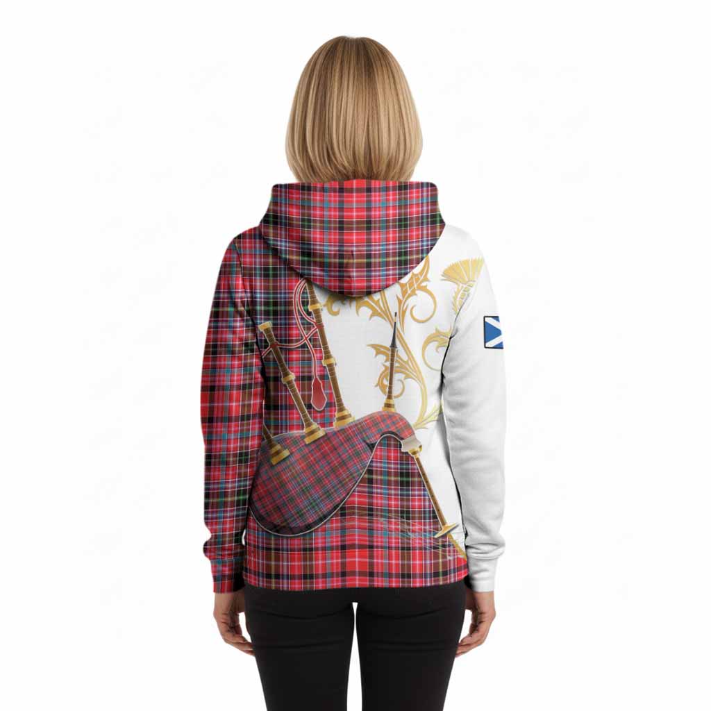 Udny Tartan Family Crest Hoodie Bagpipes with Scottish Thistle