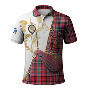 Udny Tartan Family Crest Polo Shirt Bagpipes with Scottish Thistle