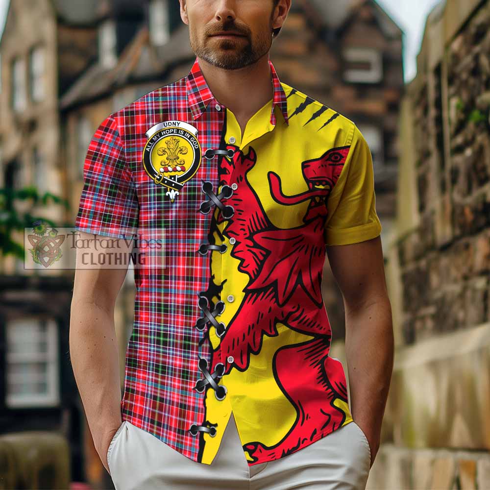 Udny Tartan Family Crest Short Sleeve Button Shirt Lion Rampant Honor - Tartan Vibes Clothing