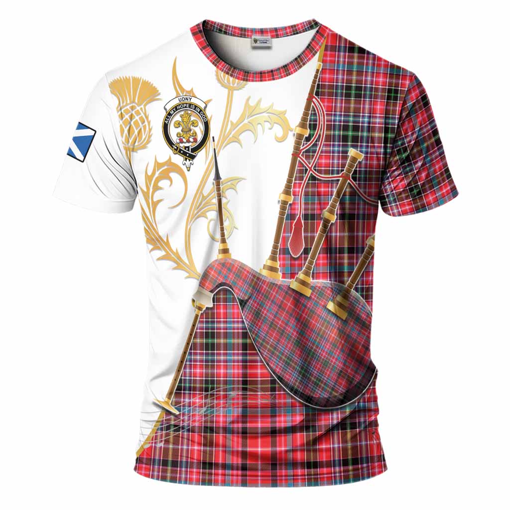Udny Tartan Family Crest T-Shirt Bagpipes with Scottish Thistle