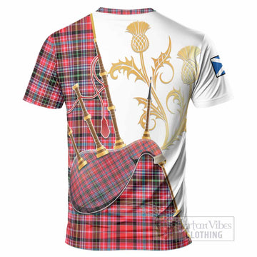 Udny Tartan Family Crest T-Shirt Bagpipes with Scottish Thistle