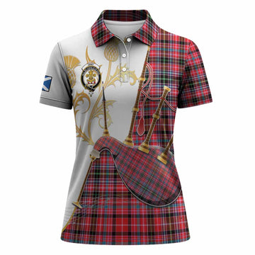 Udny Tartan Family Crest Women Polo Shirt Bagpipes with Scottish Thistle