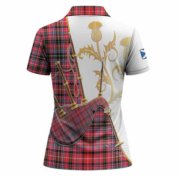Udny Tartan Family Crest Women Polo Shirt Bagpipes with Scottish Thistle