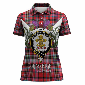 Udny Tartan Family Crest Women Polo Shirt Scottish Burns Night Thistle Floral
