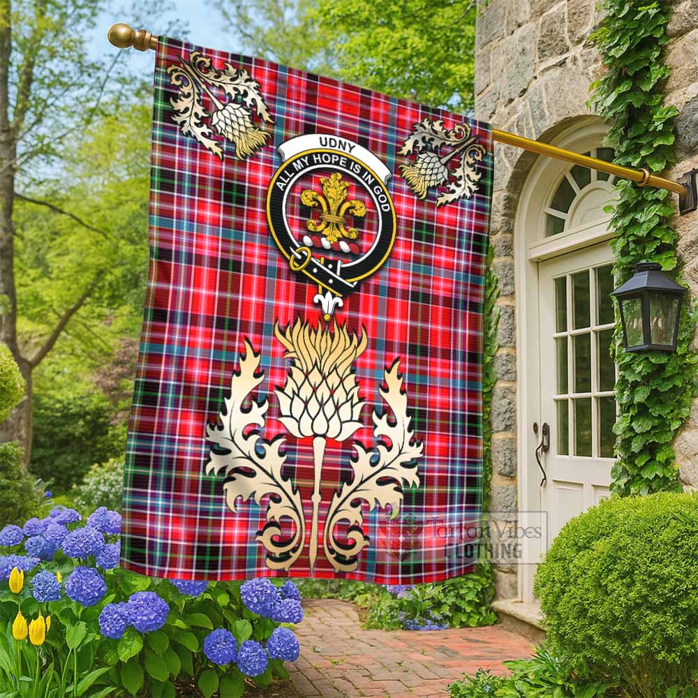 Udny Tartan Garden Flag with Golden Regal Scottish Thistle Emblem - Tartan Vibes Clothing