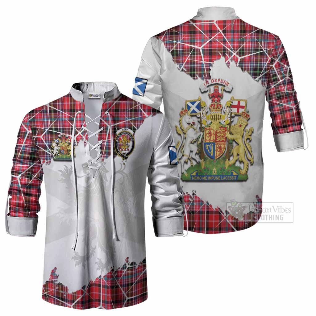 Udny Tartan Ghillie Shirt with Family Crest and Lion Rampant Grunge Style