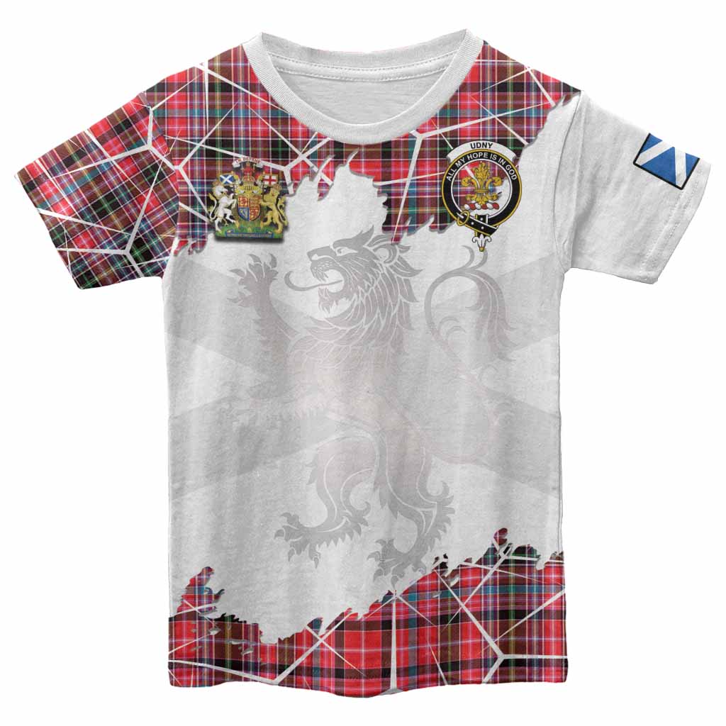 Udny Tartan Kid T-shirt with Family Crest and Lion Rampant Grunge Style