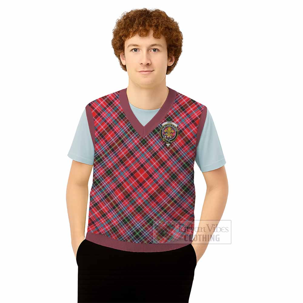 Udny Tartan Knitted V-Neck Vest with Family Crest Cross Style
