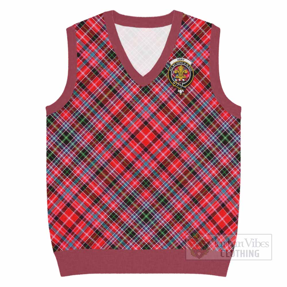 Udny Tartan Knitted V-Neck Vest with Family Crest Cross Style