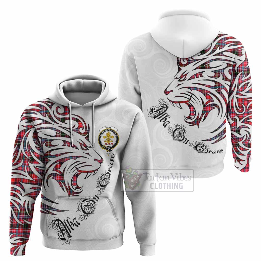 Udny Tartan Lion Roar Hoodie Alba Gu Brath with Celtic Motifs