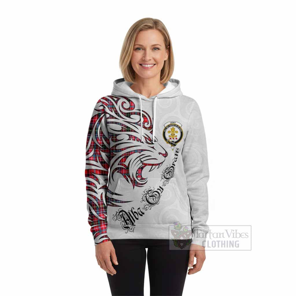 Udny Tartan Lion Roar Hoodie Alba Gu Brath with Celtic Motifs