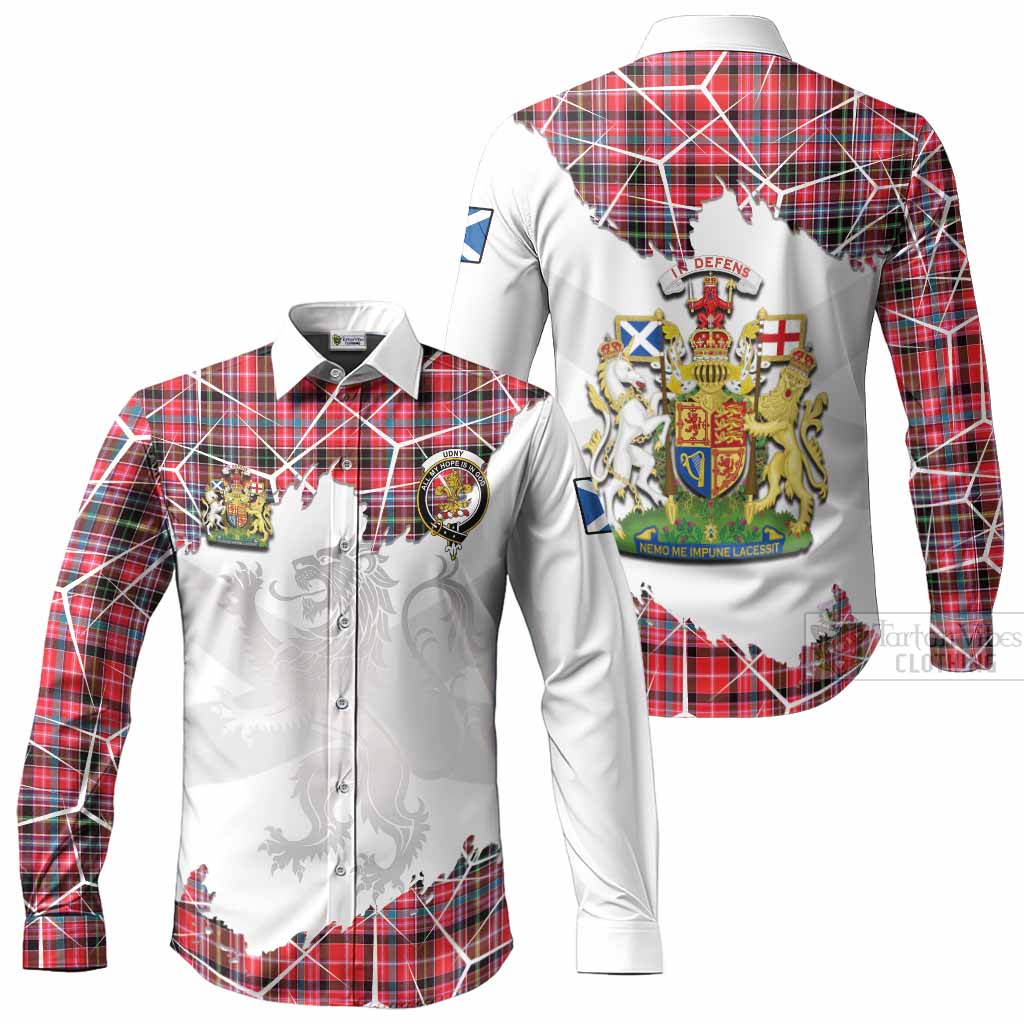 Udny Tartan Long Sleeve Button Shirts with Family Crest and Lion Rampant Grunge Style