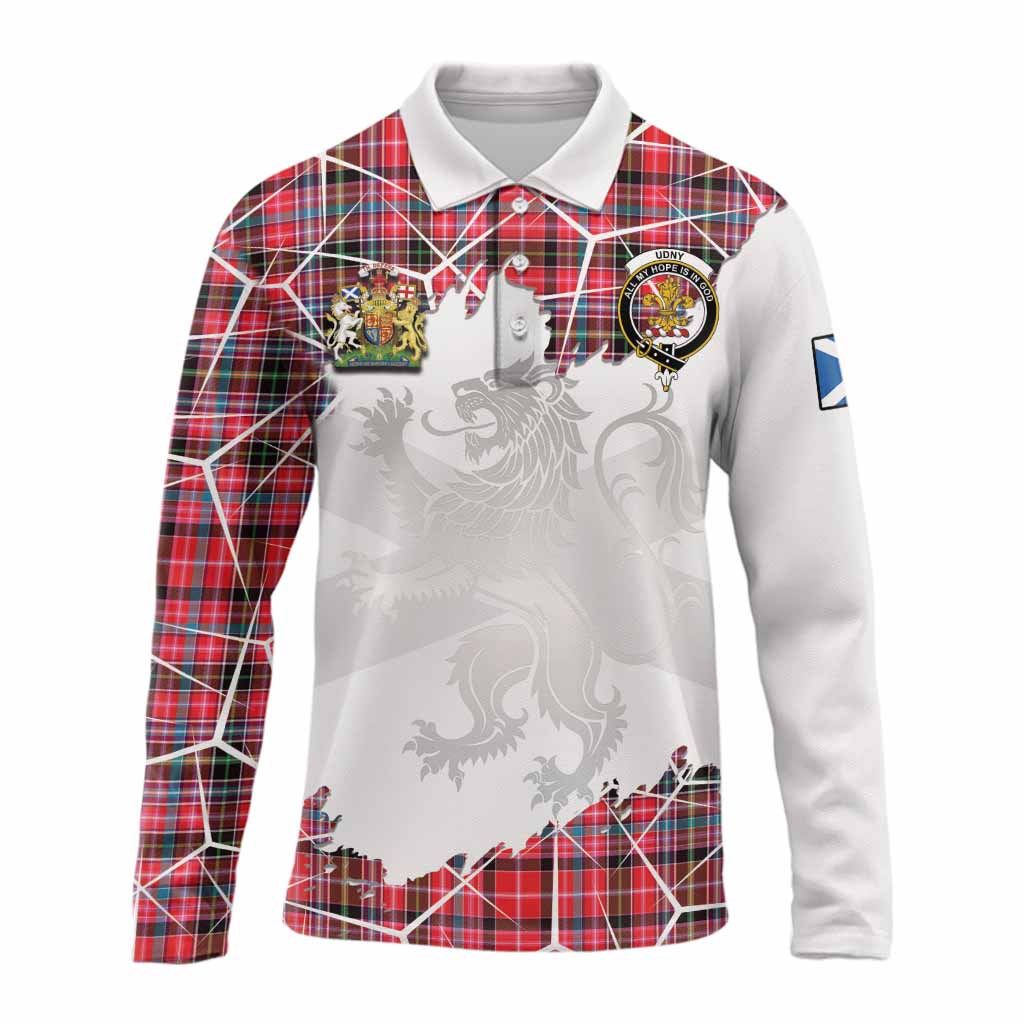Udny Tartan Long Sleeve Polo Shirt with Family Crest and Lion Rampant Grunge Style