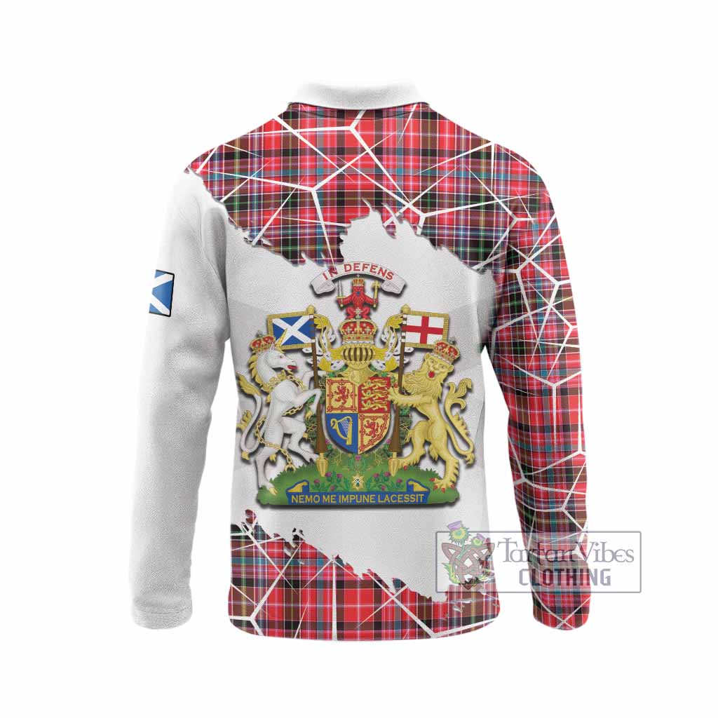Udny Tartan Long Sleeve Polo Shirt with Family Crest and Lion Rampant Grunge Style